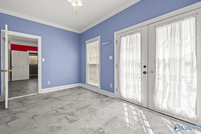 130 Kingswood Dr, Huntsville, AL 35806 - interior space featuring baseboards, ornamental molding, french doors, a ceiling fan, and marble finish floor