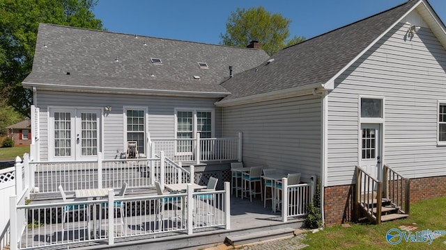 130 Kingswood Dr, Huntsville, AL 35806 - back of property with a chimney, entry steps, french doors, a shingled roof, and a deck