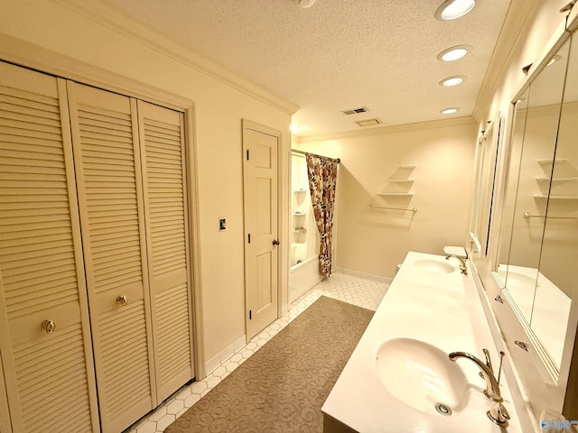 bathroom featuring vanity, crown molding, a textured ceiling, and shower / bathtub combination with curtain