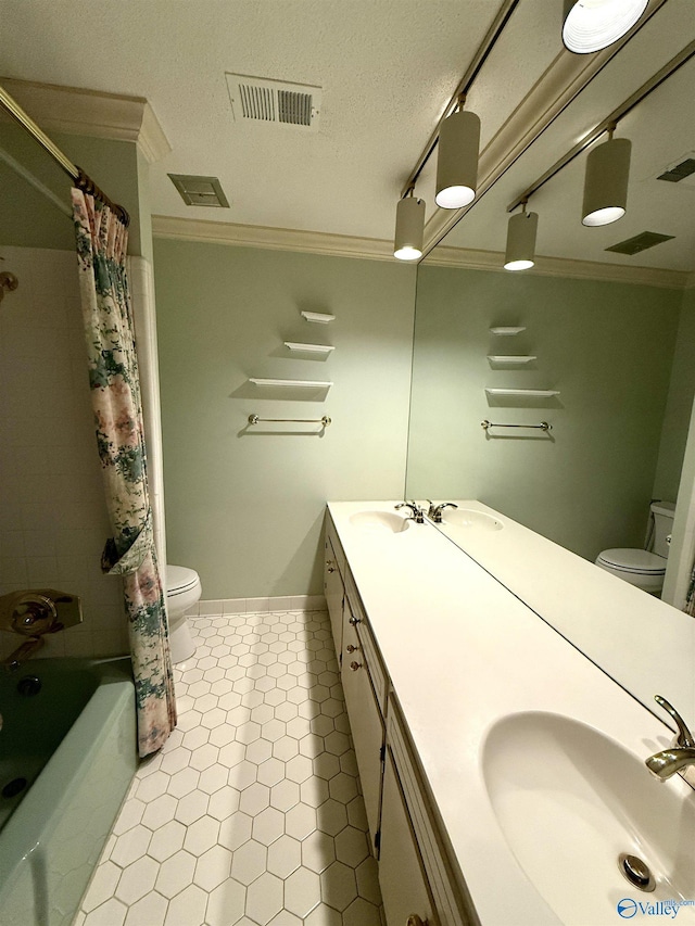 full bathroom with a textured ceiling, vanity, toilet, ornamental molding, and shower / tub combo with curtain