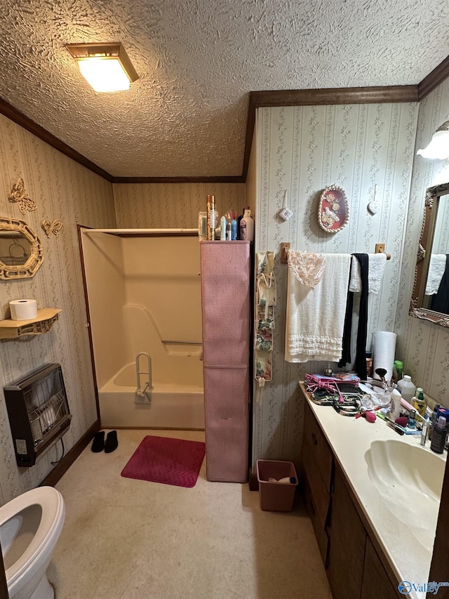 bathroom with a textured ceiling, heating unit, and wallpapered walls