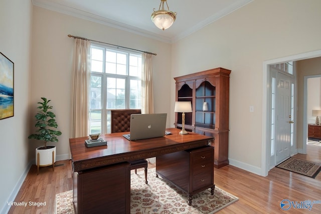 102 Twin Island Cir, Madison, AL 35758 - home office featuring light wood-style flooring, crown molding, and baseboards