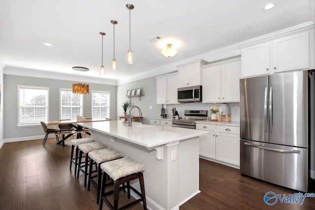 kitchen with stainless steel appliances, light countertops, a sink, and a kitchen island with sink