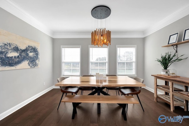 dining space featuring dark wood-style floors, crown molding, and a healthy amount of sunlight