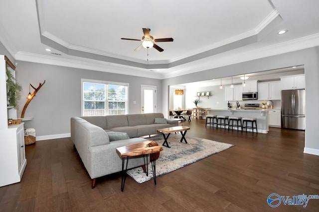 living area featuring dark wood-style floors, baseboards, ornamental molding, and a raised ceiling