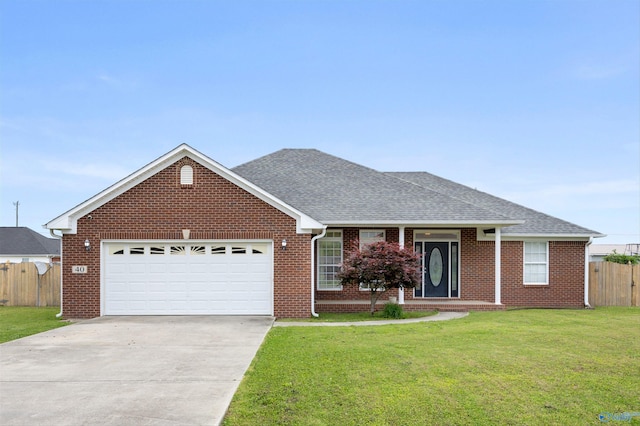 single story home with driveway, a front yard, a garage, brick siding, and fence