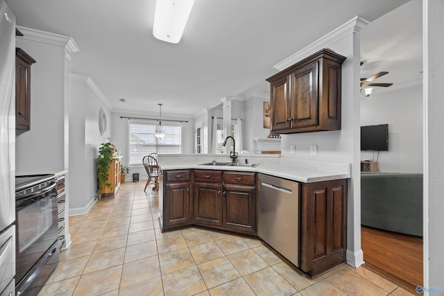 kitchen featuring ornamental molding, light countertops, black range with electric stovetop, a sink, and dishwasher