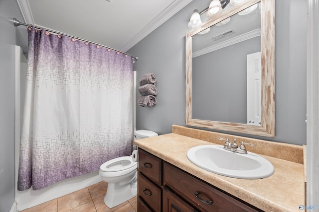 bathroom featuring visible vents, tile patterned floors, vanity, toilet, and ornamental molding