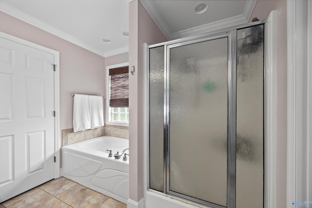 bathroom with crown molding, tile patterned flooring, a bath, and a shower stall
