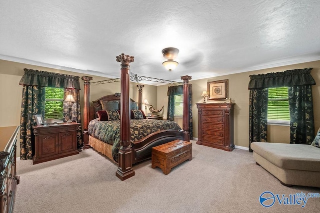 bedroom featuring carpet flooring, crown molding, and a textured ceiling