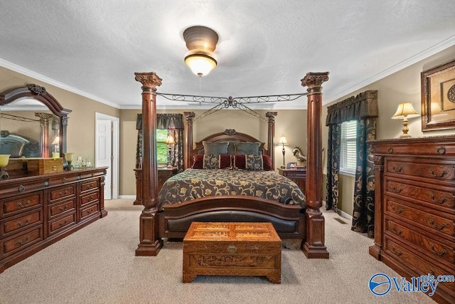 bedroom featuring a textured ceiling, light carpet, baseboards, and ornamental molding