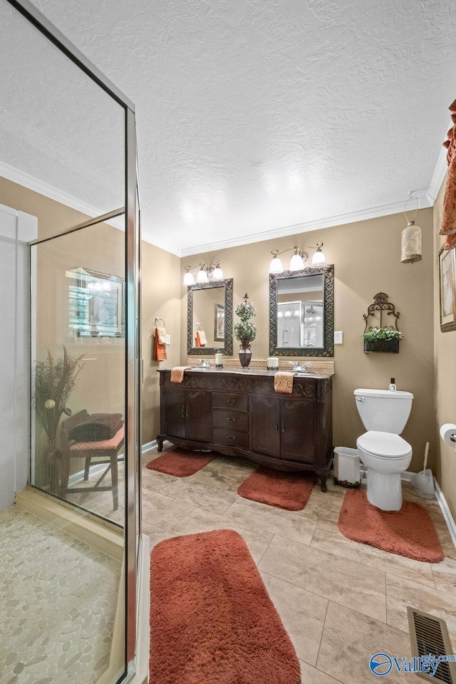 full bath featuring crown molding, toilet, visible vents, and vanity