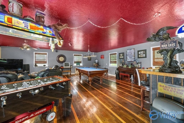 playroom featuring billiards, baseboards, a ceiling fan, and wood-type flooring