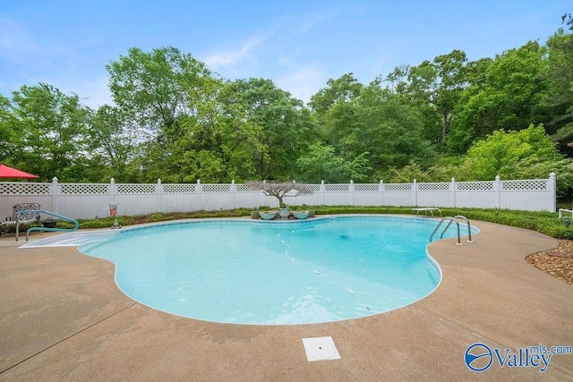 view of pool with a patio area, a fenced in pool, and fence