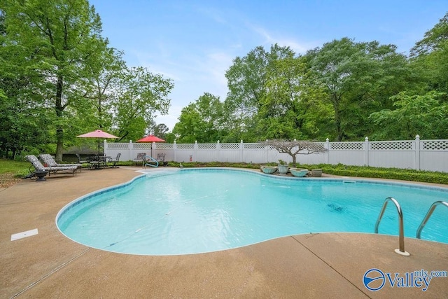 view of pool featuring a patio, a fenced backyard, and a fenced in pool