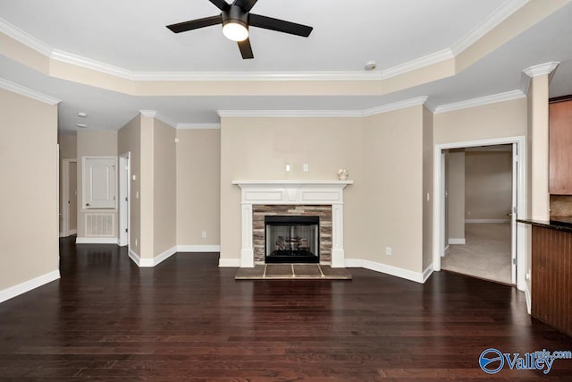 unfurnished living room with dark wood-type flooring, visible vents, a fireplace, and baseboards