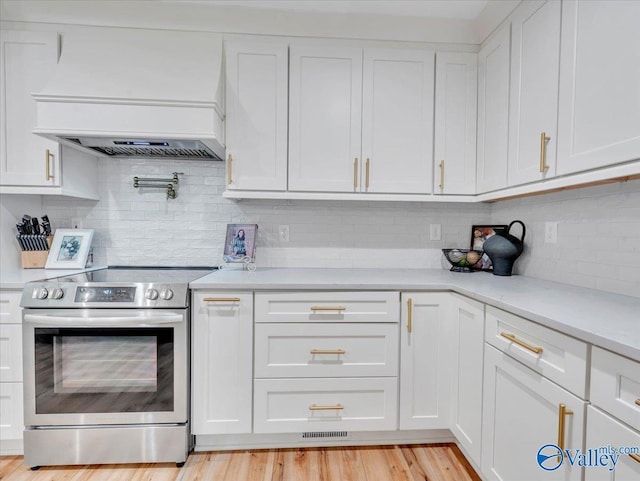 1901 Governors Dr SE, Huntsville, AL 35801 - kitchen with stainless steel electric range oven, premium range hood, light countertops, and white cabinets
