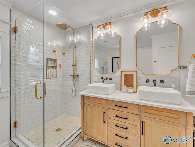 1901 Governors Dr SE, Huntsville, AL 35801 - bathroom featuring a shower stall, tasteful backsplash, and double vanity