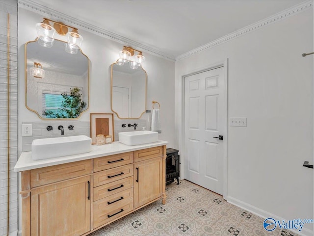 1901 Governors Dr SE, Huntsville, AL 35801 - full bathroom with double vanity, crown molding, tile patterned flooring, and decorative backsplash