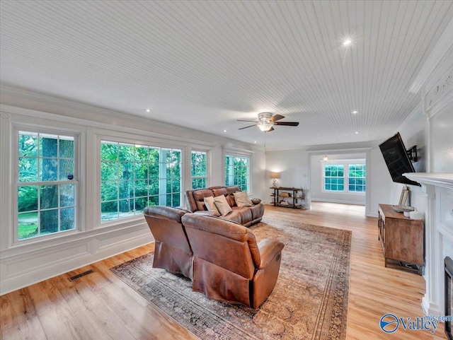 1901 Governors Dr SE, Huntsville, AL 35801 - living room with ceiling fan, light wood-style floors, ornamental molding, recessed lighting, and wood ceiling