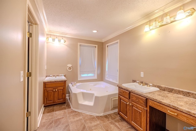 full bathroom featuring a sink, a textured ceiling, two vanities, and a whirlpool tub