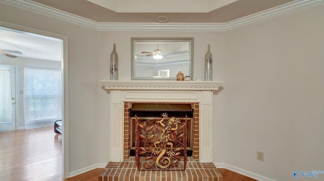 565 Joe Quick Rd, Hazel Green, AL 35750 - detailed view of a ceiling fan, baseboards, a fireplace with raised hearth, and wood finished floors