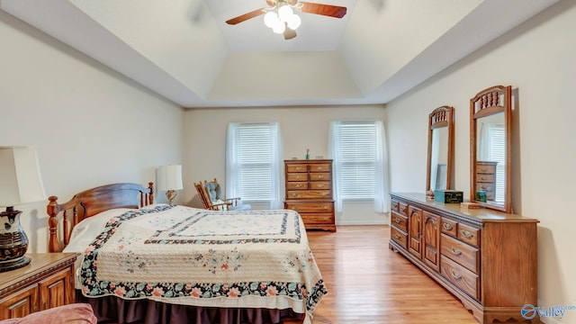 565 Joe Quick Rd, Hazel Green, AL 35750 - bedroom featuring a tray ceiling, light wood-style floors, and ceiling fan