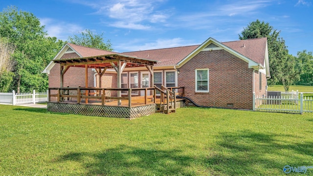 565 Joe Quick Rd, Hazel Green, AL 35750 - rear view of property with a wooden deck, crawl space, a gazebo, brick siding, and a shingled roof