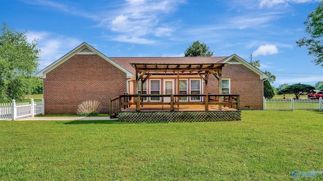 565 Joe Quick Rd, Hazel Green, AL 35750 - back of property with brick siding, a pergola, a deck, and crawl space