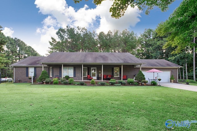 single story home with a front lawn, covered porch, and a garage