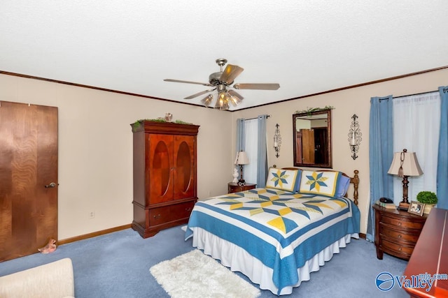 bedroom featuring light carpet, a textured ceiling, ceiling fan, and crown molding