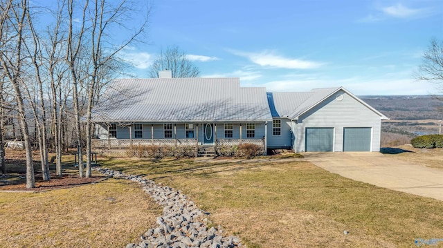 ranch-style home with a porch, a garage, and a front lawn