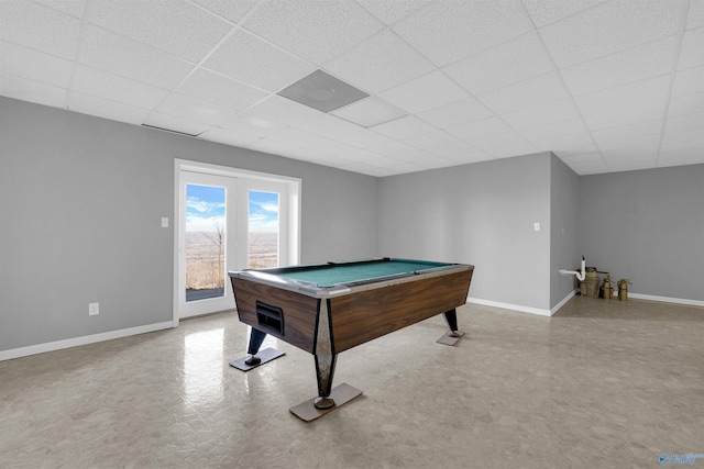 rec room with a drop ceiling and billiards