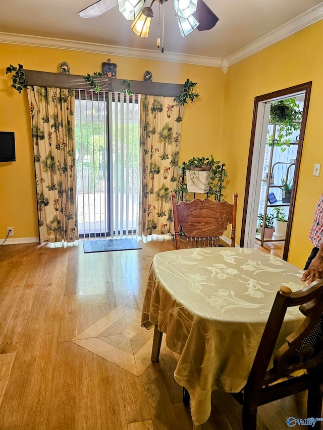 dining area featuring ceiling fan, hardwood / wood-style flooring, and ornamental molding