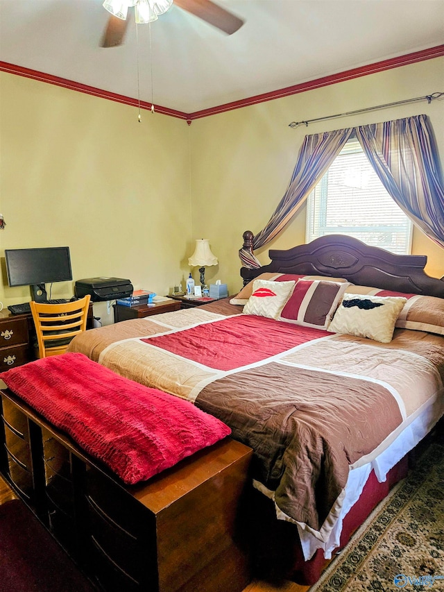 bedroom featuring ornamental molding and ceiling fan