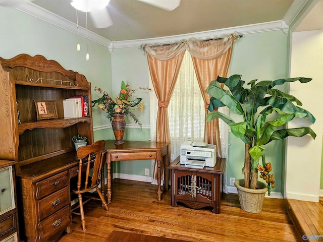 office featuring wood-type flooring, crown molding, and ceiling fan