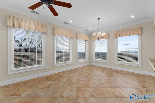 unfurnished dining area featuring ceiling fan with notable chandelier, ornamental molding, and a healthy amount of sunlight