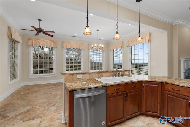 kitchen featuring stainless steel dishwasher, hanging light fixtures, ornamental molding, ceiling fan with notable chandelier, and sink