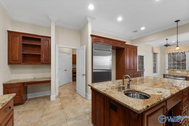 kitchen with decorative light fixtures, stainless steel built in refrigerator, sink, ceiling fan, and crown molding