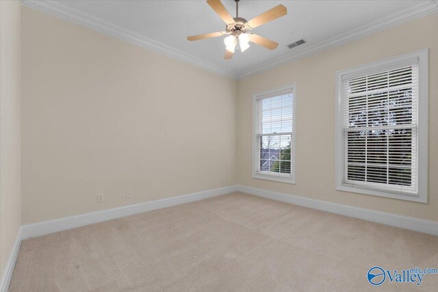 carpeted empty room with ceiling fan and ornamental molding