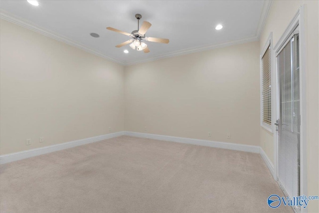 carpeted spare room with ceiling fan and ornamental molding