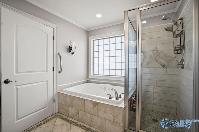 full bath featuring ornamental molding, a stall shower, a jetted tub, and recessed lighting