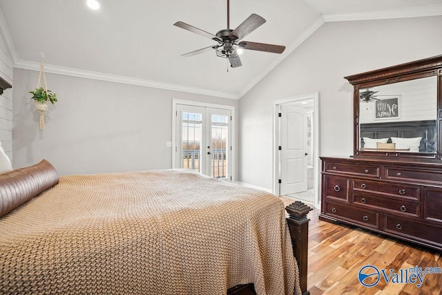 bedroom featuring light wood-style floors, access to exterior, ornamental molding, and french doors