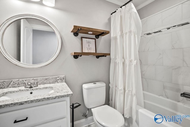 full bathroom featuring toilet, shower / tub combo with curtain, and vanity