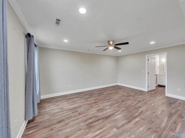 empty room featuring a ceiling fan, recessed lighting, and wood finished floors
