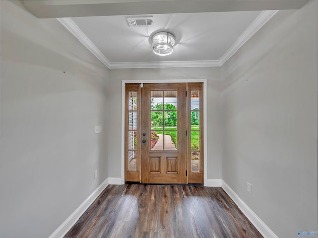 entryway with crown molding, baseboards, visible vents, and dark wood-style floors