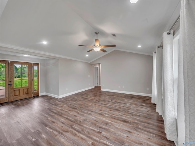unfurnished living room with ornamental molding, wood finished floors, lofted ceiling, baseboards, and ceiling fan