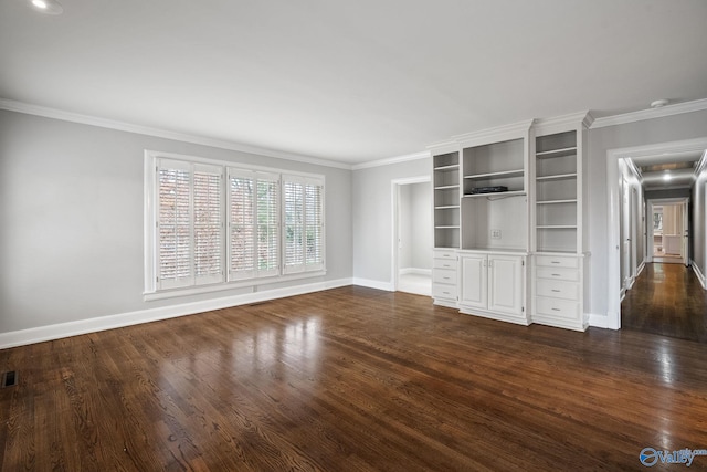 unfurnished living room featuring ornamental molding, dark wood finished floors, visible vents, and baseboards