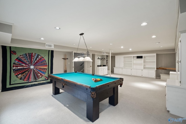 playroom featuring pool table, recessed lighting, visible vents, and light colored carpet