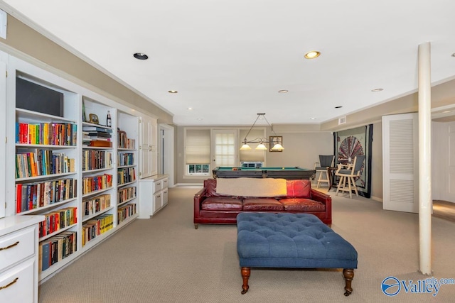 living area featuring recessed lighting, billiards, and light colored carpet